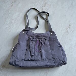 Baggallini Motivate Yoga Tote Bag Gray Purple Accents Orange Polka Dot Interior